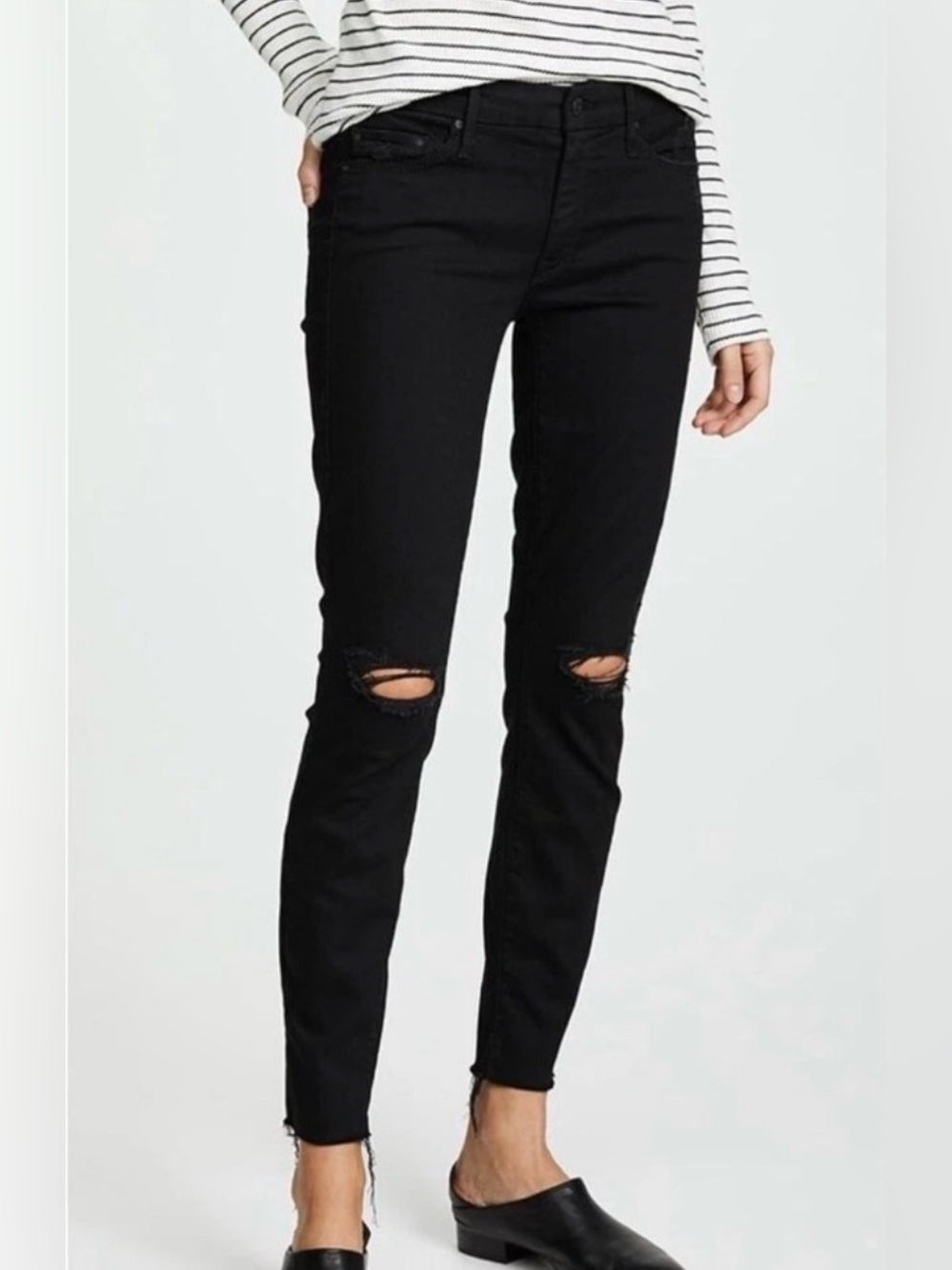 MOTHER Looker Ankle Fray Jeans Guilty As Sin Black Distressed Skinny Size 31